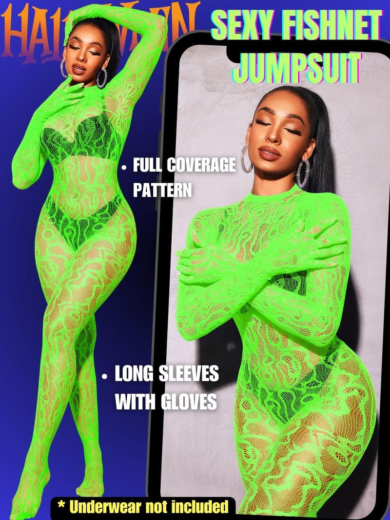 EHSUYAB Women Sexy Fishnet Full Bodysuit, Mesh Lace Poster Jumpsuit Glow Party Rave Outfits, Body Stockings Halloween Costume - Image 2